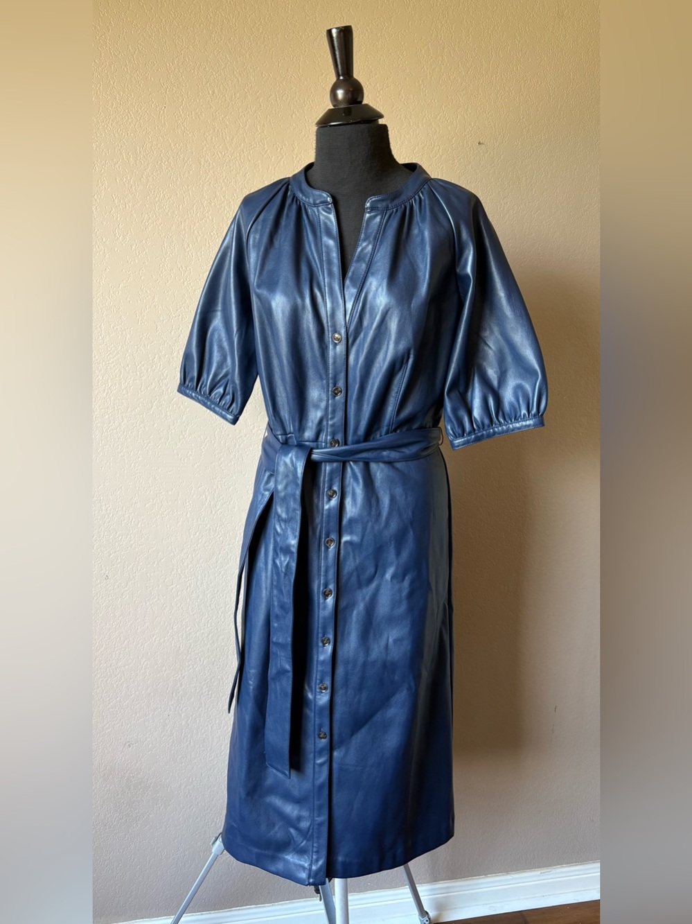 Ann Taylor Navy Faux Leather Midi Dress Short Sleeve SZ 8 NWT Belted
